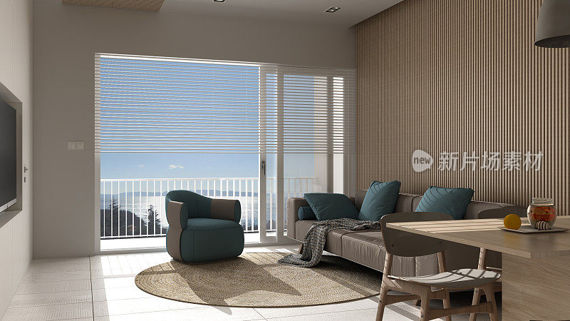米色色调和木质细节的现代客厅，全景海景窗，带圆形地毯的沙发和扶手椅，餐桌，岛屿。大理石地板，室内设计