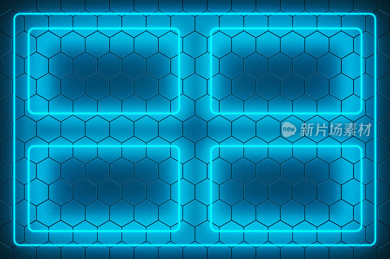 抽象的未来三维六边形网格背景与4蓝色闪亮的矩形框架