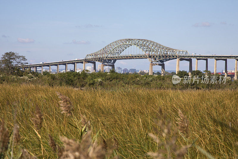 纽瓦克湾大桥中心横跨新泽西州的Bayone海岸线