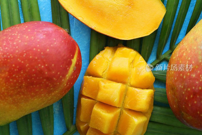 完整的图像，成熟的热带芒果，红色的皮，棕榈叶叶在蓝色的背景，一个切成刺猬立方体露出橙色的肉，准备吃，上升的观点
