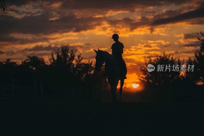 骑在马上的女牛仔，在最后的阳光下穿着剪影