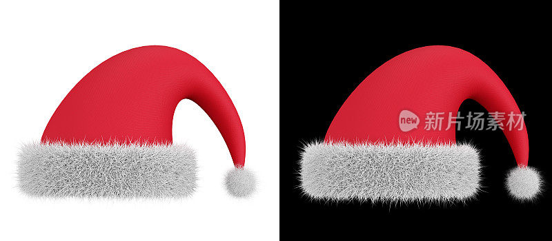 圣诞老人帽子，3d。毛茸茸的圣诞老人帽孤立在白色的背景。现实的圣诞帽，3d渲染。