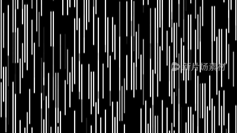 抽象的白色短窄线条从底部流动到黑色背景的顶部，无缝循环。动画。单色平行条纹移动缓慢