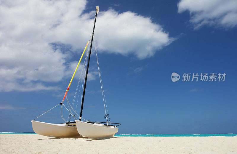 蓝天映衬下海滩上孤独的双体船