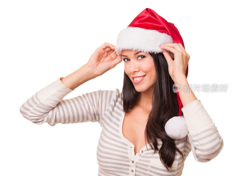 穿着睡衣戴着圣诞帽的年轻女人