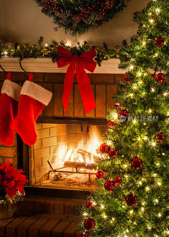 圣诞树，火苗，袜子，壁炉，花环，弓