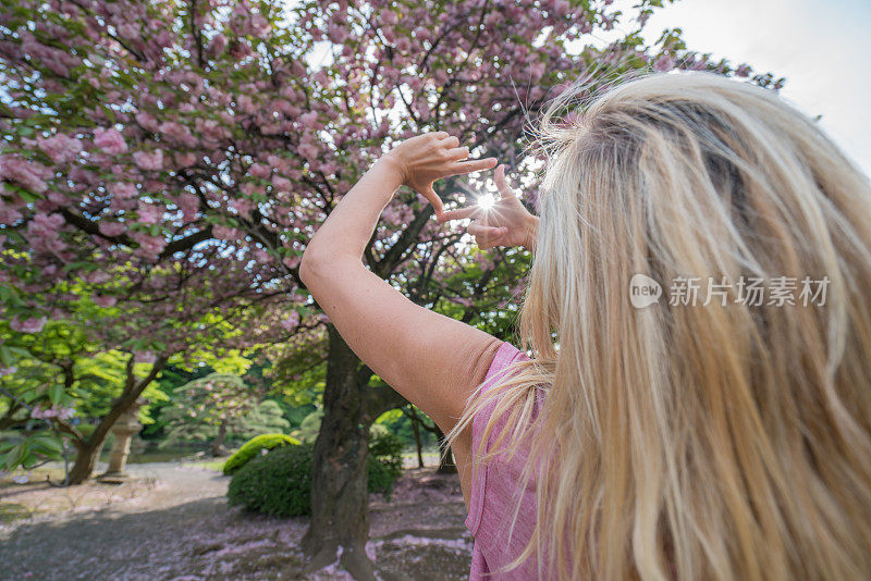 一个年轻女子在诬陷一棵樱花树