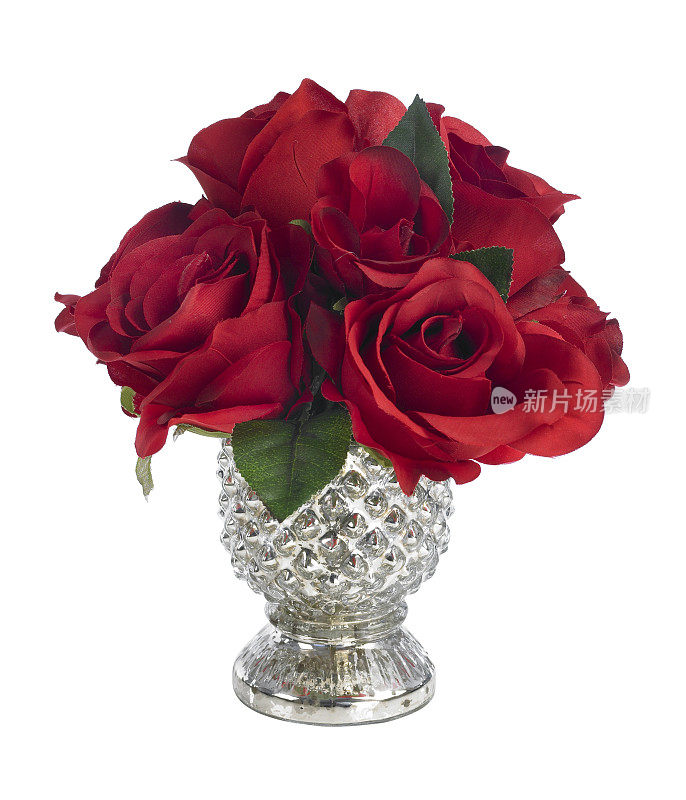 小红玫瑰花束，银色花瓶，白色背景