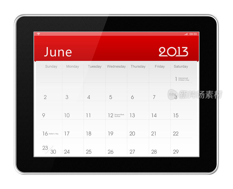 2013年6月数字平板电脑上的日历