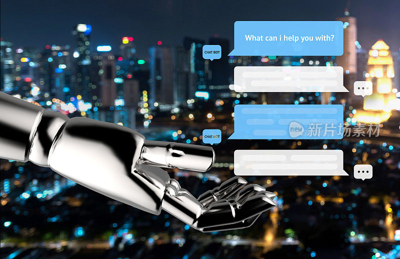 聊天机器人和未来的营销理念。聊天机器人自动消息对话框屏幕和机器人手与抽象模糊的散焦城市夜晚灯光背景