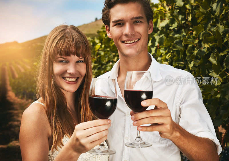 微笑的年轻夫妇站在葡萄藤与红酒吐司