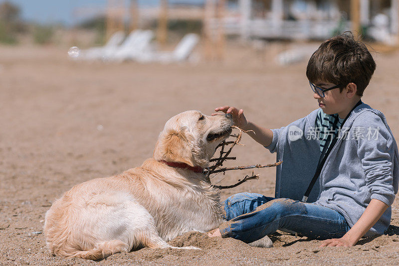 快乐的男孩和她的狗坐在海滩上。