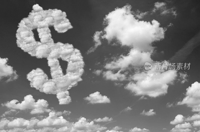 美元符号漂浮在天空和云背景在黑色和白色捕获