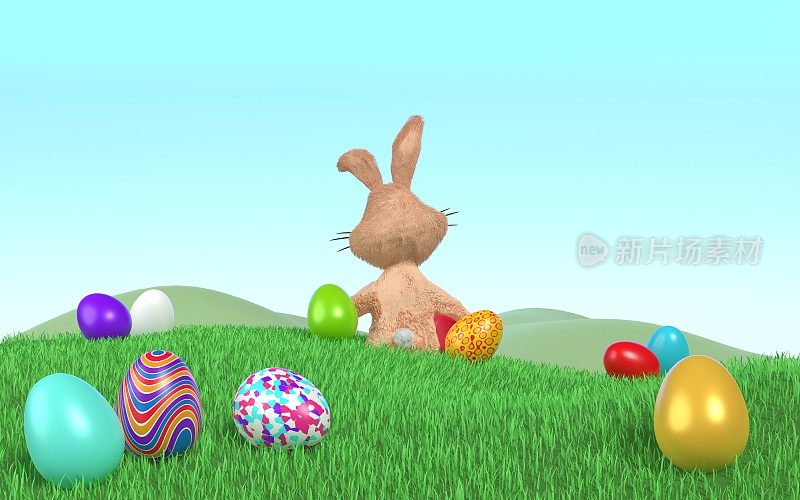 在晴朗的蓝天下，草地上装饰复活节彩蛋和复活节兔子