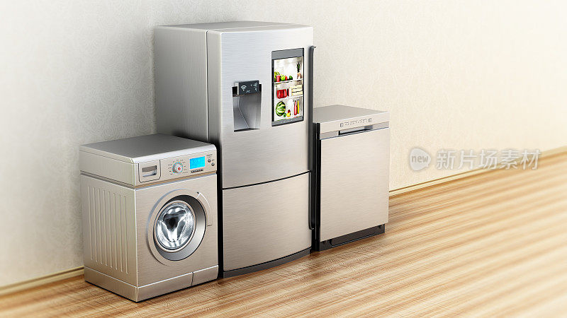 现代家用电器(智能冰箱、洗衣机和洗碗机)立在拼花地板上