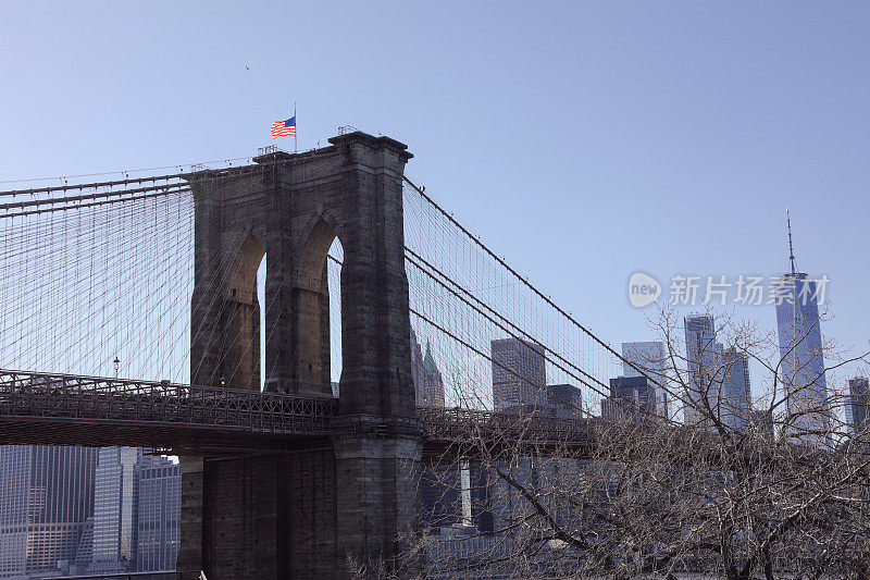 纽约市布鲁克林大桥曼哈顿市中心天际线摩天大楼