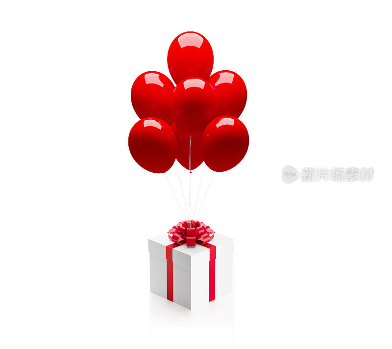 系着红丝带的白色礼品盒即将被红色气球带走