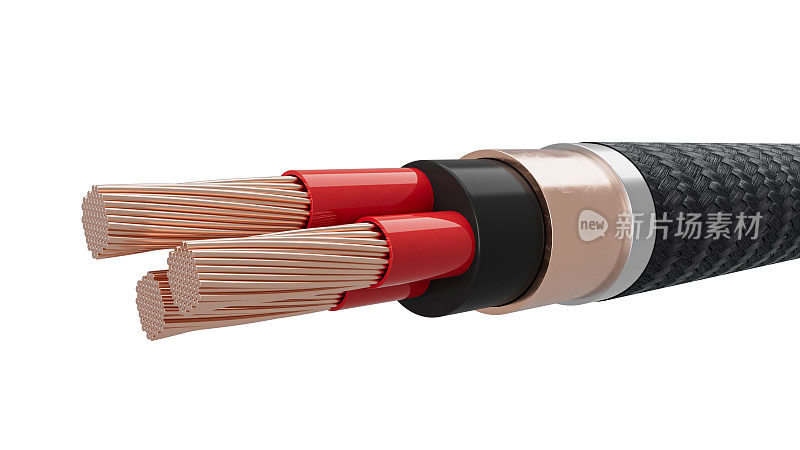 电气铜芯多股电缆。单芯，双芯和三芯电线3d