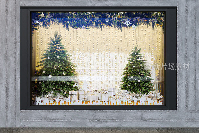圣诞商店橱窗展示与圣诞装饰和礼品盒