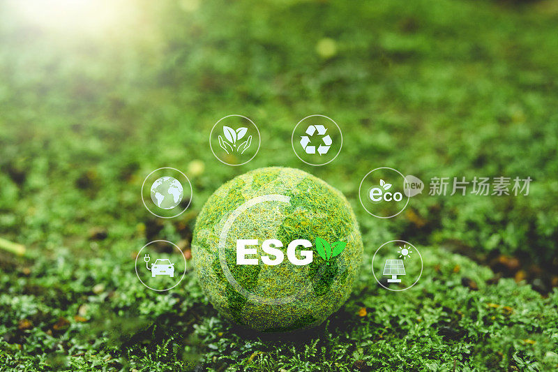 ESG概念，可持续发展目标(SDGs)理念基于全球通信网络的绿色苔藓森林业务的全球玻璃。