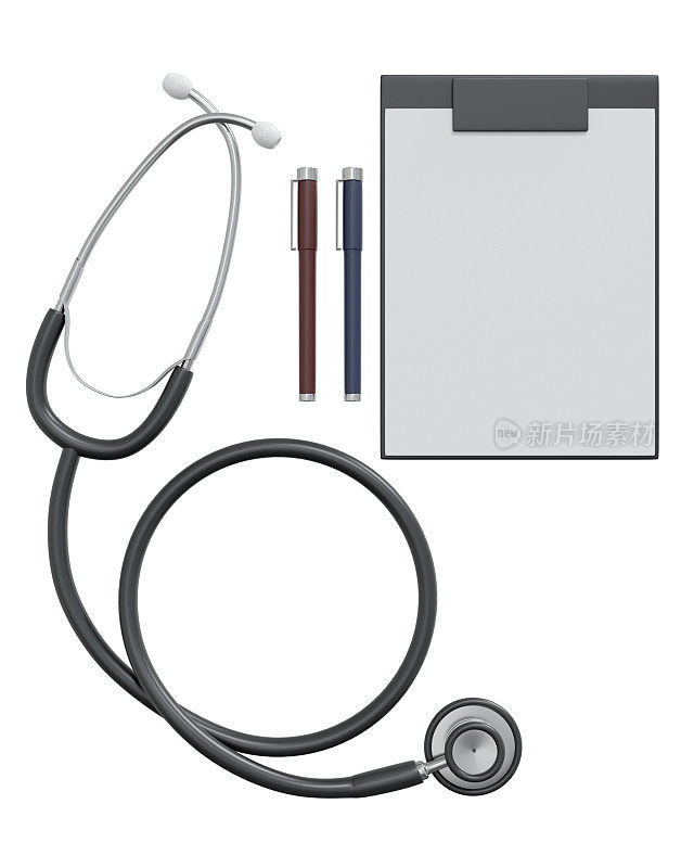 3d渲染带有笔和剪贴板的听诊器，背景为白色