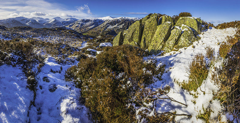 湖区金石南清脆洁白的雪山落山全景