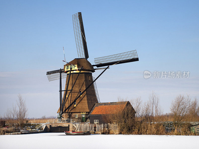 荷兰冬天的风车，在冰冻的河边(XXL)