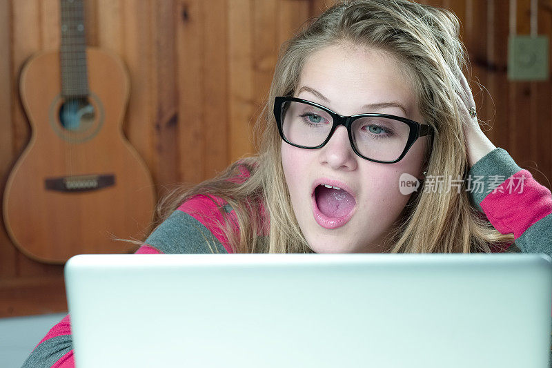 在电脑屏幕前工作的年轻女性或青少年。