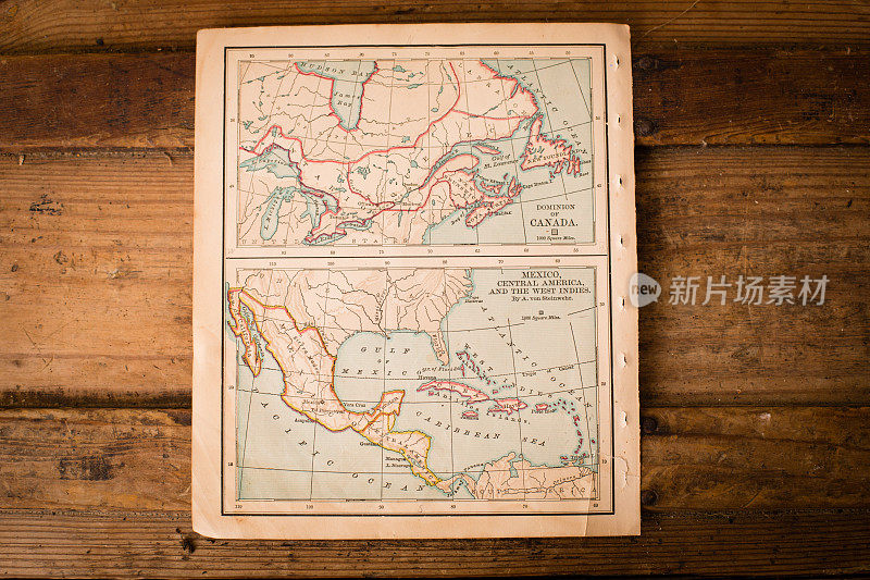 加拿大和墨西哥的旧彩色地图，在木头树干上