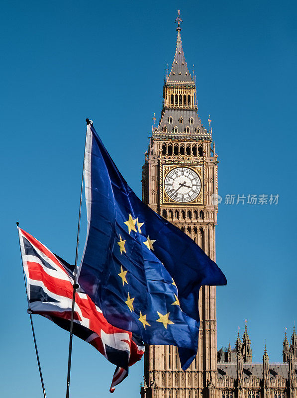 大本钟前的欧盟旗帜，脱欧欧盟