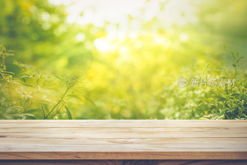 木制的桌面用阳光模糊了绿色抽象花园。