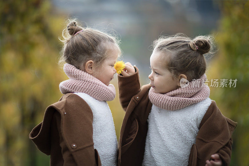 两个一模一样的双胞胎女孩闻着花