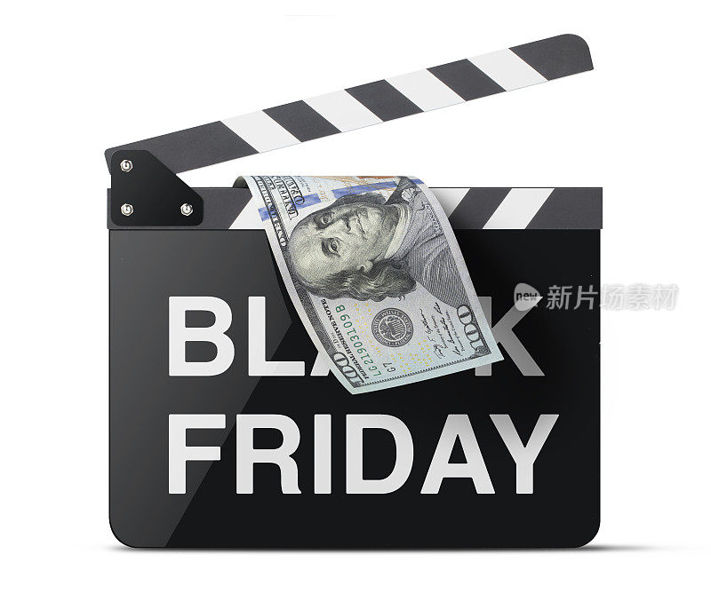 黑色星期五在电影拍板上印着美元钞票
