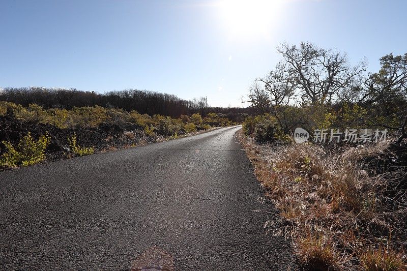 空旷的道路通向干旱景观上方的日出