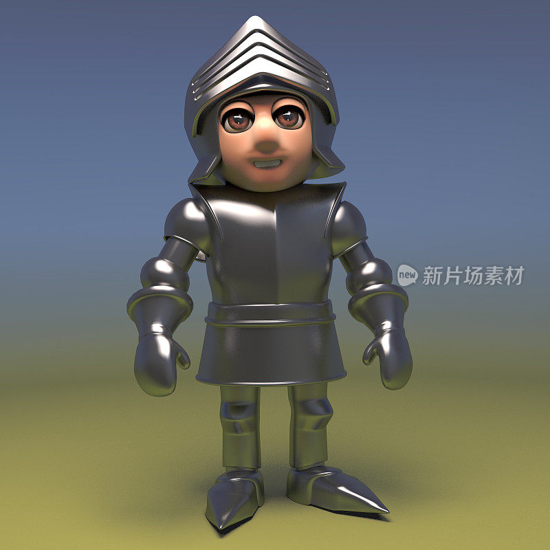 勇敢的中世纪盔甲骑士站在一个骑士风度，3d插图