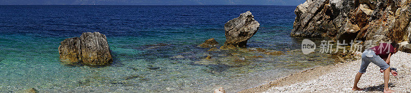 克罗地亚Mljet岛海湾的海滩和岩石上的男子全景图