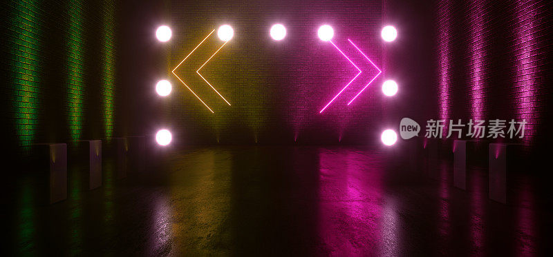 霓虹发光的紫绿色仓库地下车库隧道走廊箭头形灯指针工作室俱乐部舞蹈混凝土砖墙空3D渲染
