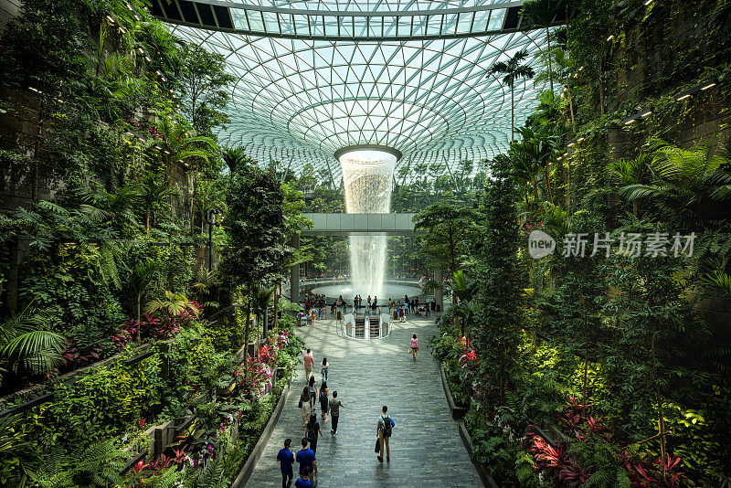 新加坡樟宜珠宝机场，一个室内瀑布和森林的玻璃穹顶，购物中心