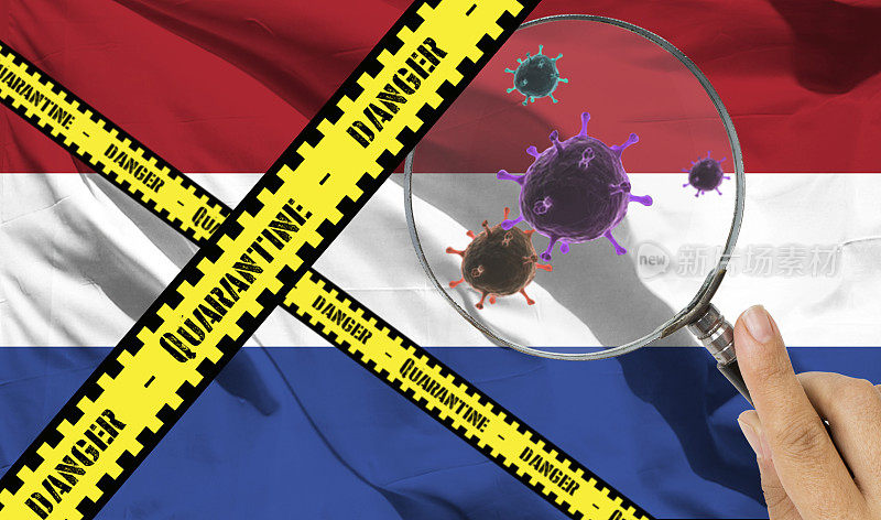 隔离警告黄色警告带冠状病毒COVID-19在荷兰国旗背景。