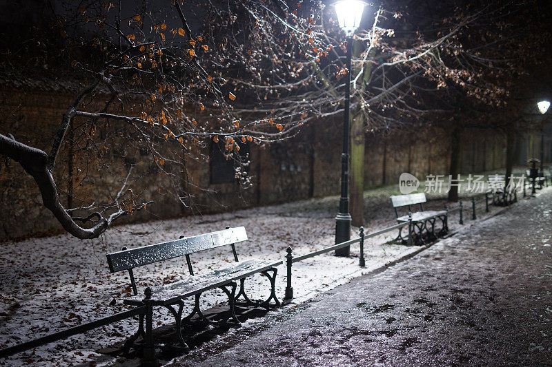 长凳，雪，冬天，克拉科夫中心的公园