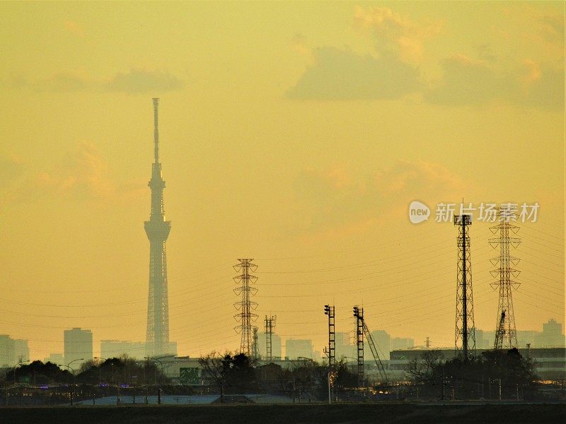 日本。1月。东京郊区全景与东京天空树从江户川的河岸。