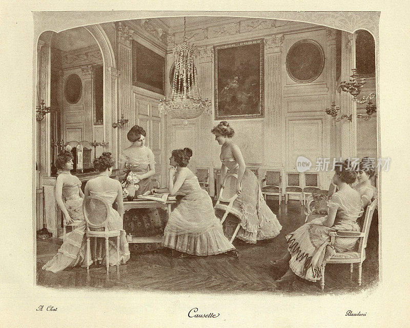 一群上层阶级的年轻女子，聊天，维多利亚时代的照片蒙太奇19世纪