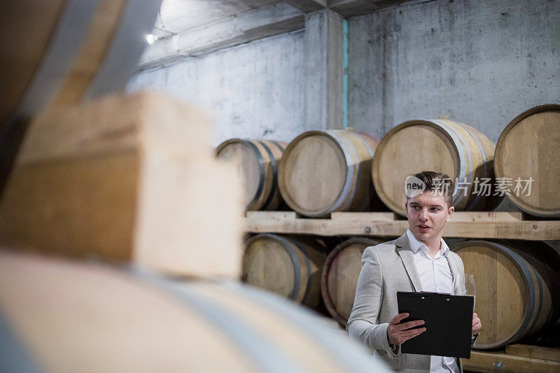 品酒师。酿酒厂的老板检查酒窖里的葡萄酒质量和库存，酒窖周围是装着优质葡萄酒的木桶。定期检查酒窖及品酒。