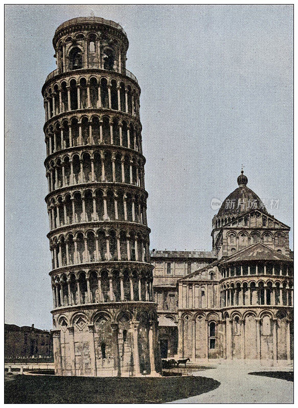 世界地标的古董照片(约1894年):大教堂和比萨斜塔，意大利