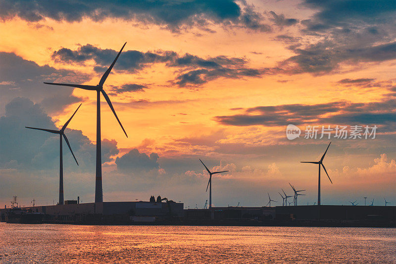日落时分，安特卫普港的风力涡轮机。