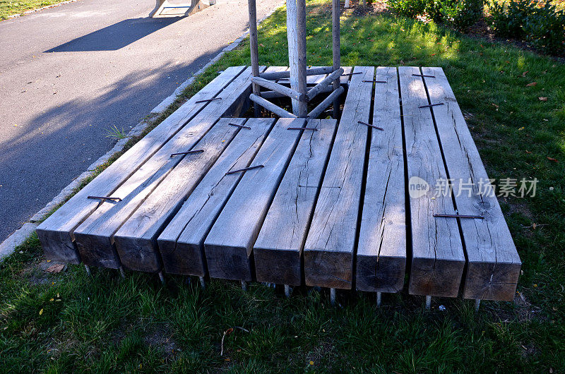 广场上令人放松的露台。这棵树生长在橡木坚实的木板上，横梁由橡木灰色木材制成，露台上没有浸渍木材，并通过钢夹连接