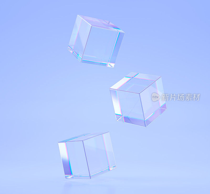 玻璃中具有光线折射效应的晶体立方体或块状。透明的方形盒子的丙烯酸或有机玻璃与蓝色背景上的全息梯度，色散光，3d渲染插图