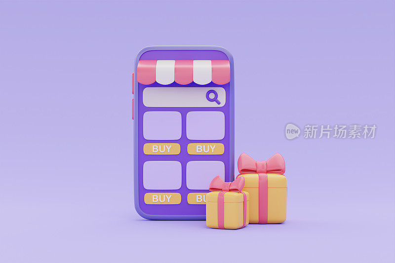 网上购物智能手机上的礼品盒紫色的背景，3d渲染。