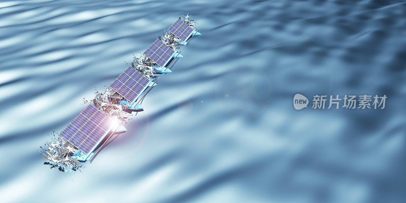 桨轮太阳能电池水轮机用于旋转水产养殖池塘的水创建气泡添加氧气3d渲染