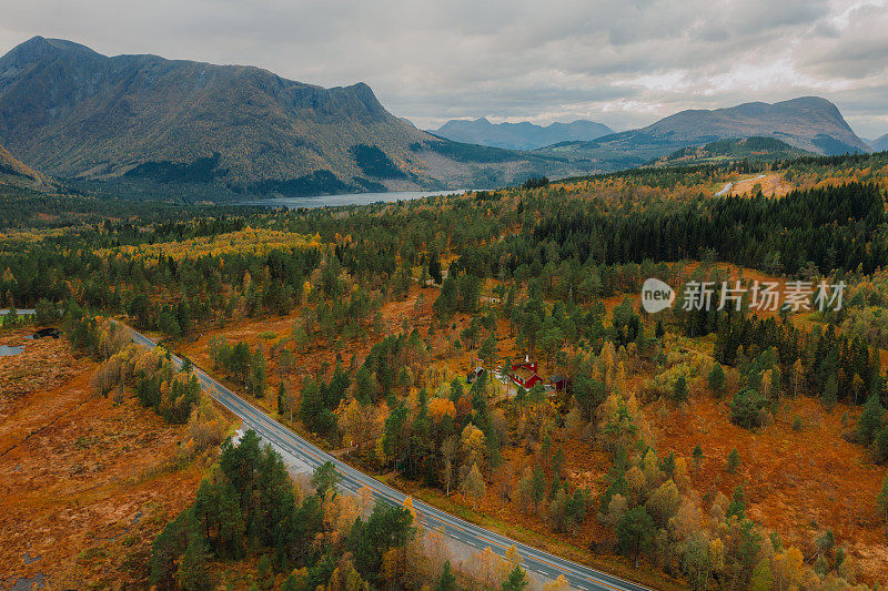 在挪威的公路旁，红色的山间小屋隐藏在秋天的森林中